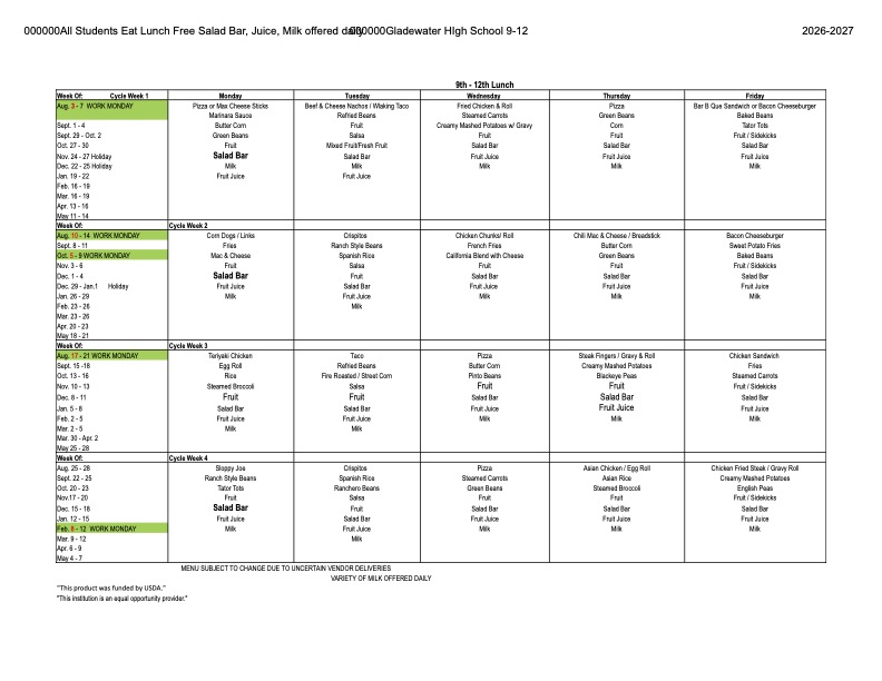 2026-2027 GHS Lunch Menu